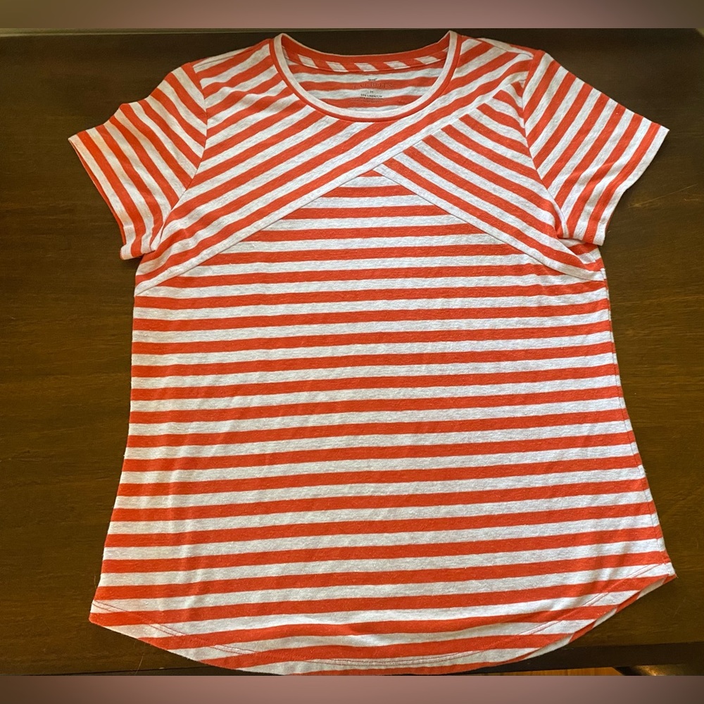 Talbots short sleeve stripped orange and white linen blend shirt. Size: M
